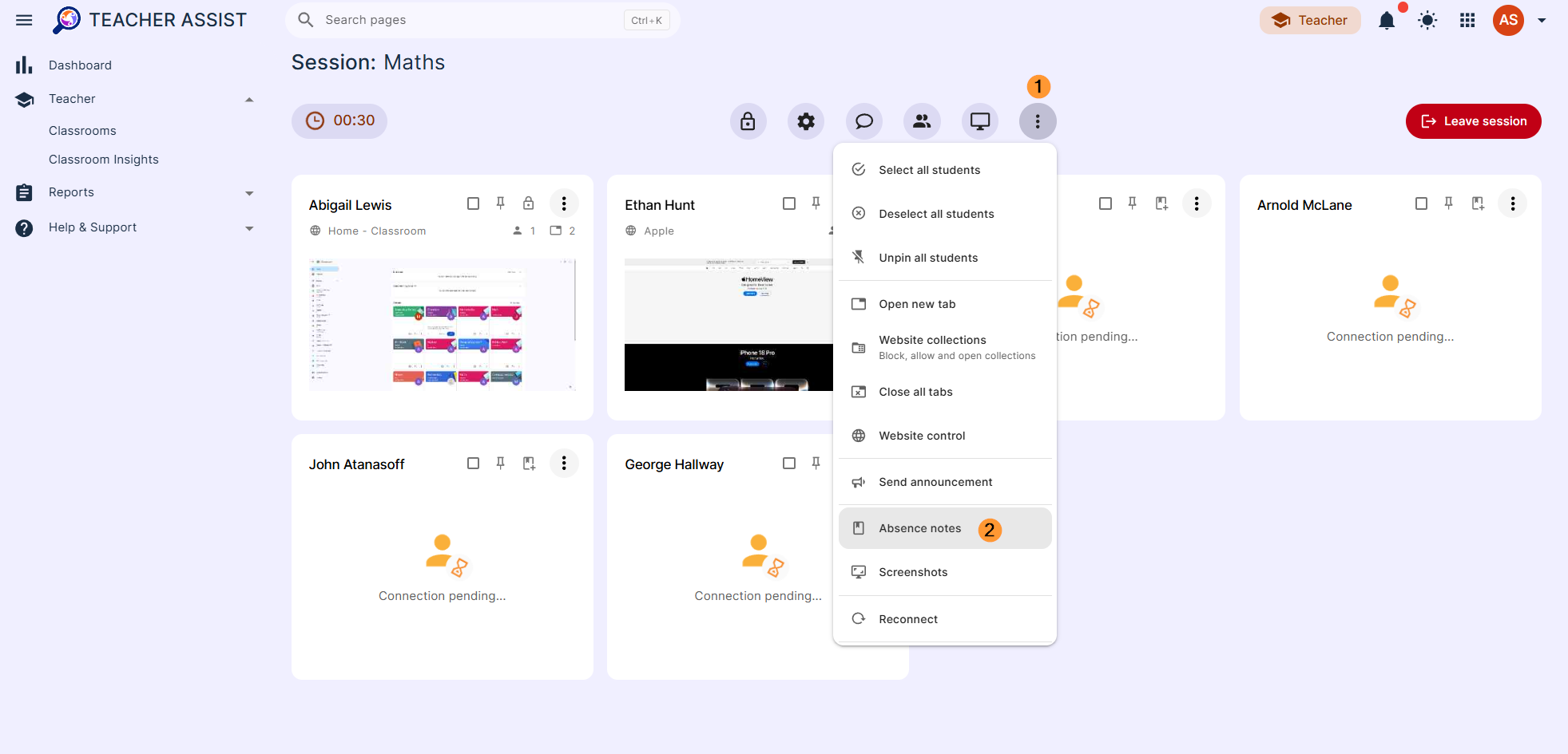 The Absence Notes can be seen in the Session Tools tab.
Click on the 3 dots in the classroom session and select "Absence notes" from the list of options.