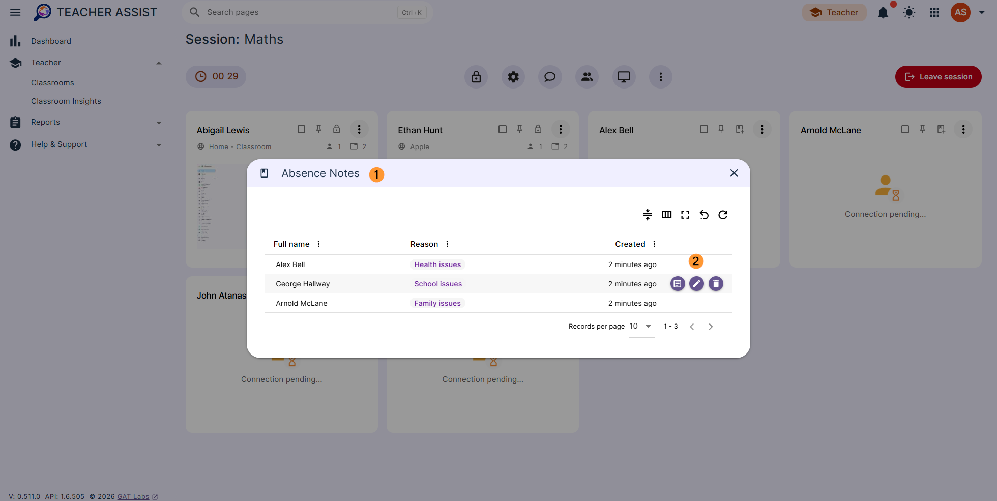 This will show all the Absence Notes for the Classroom session.
View the details
Full name - name of student
Reason - reason for the absence
Created - when it was created
Details to see further details of it
Pen icon - edit the absence note
Bin/Trash icon - delete the absence note