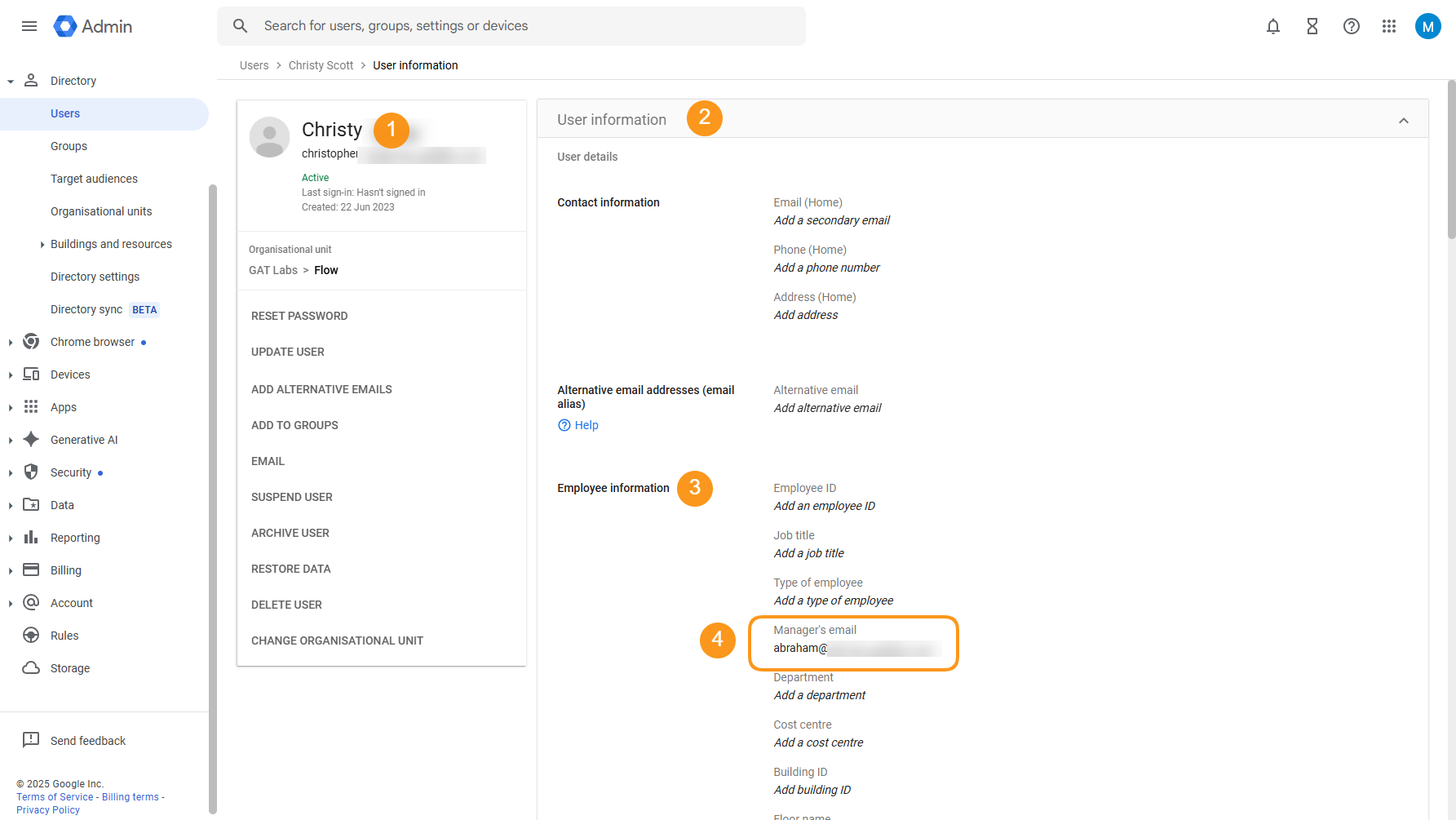 Google Admin console showing the Users information section with the Manager info.