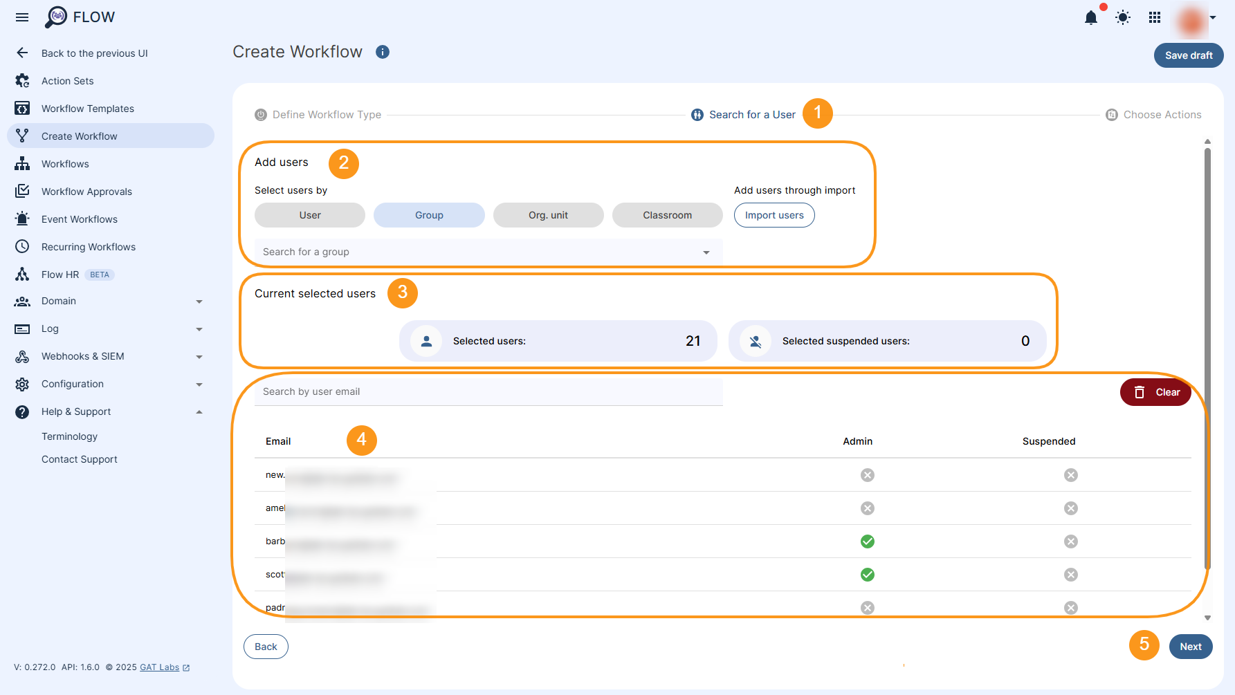 "Search for a User section" allowing selecting individual user(s), Group of users, Org. unit, or import the users into the workflow. "Next" button is displayed and is used to move forward in the process.
