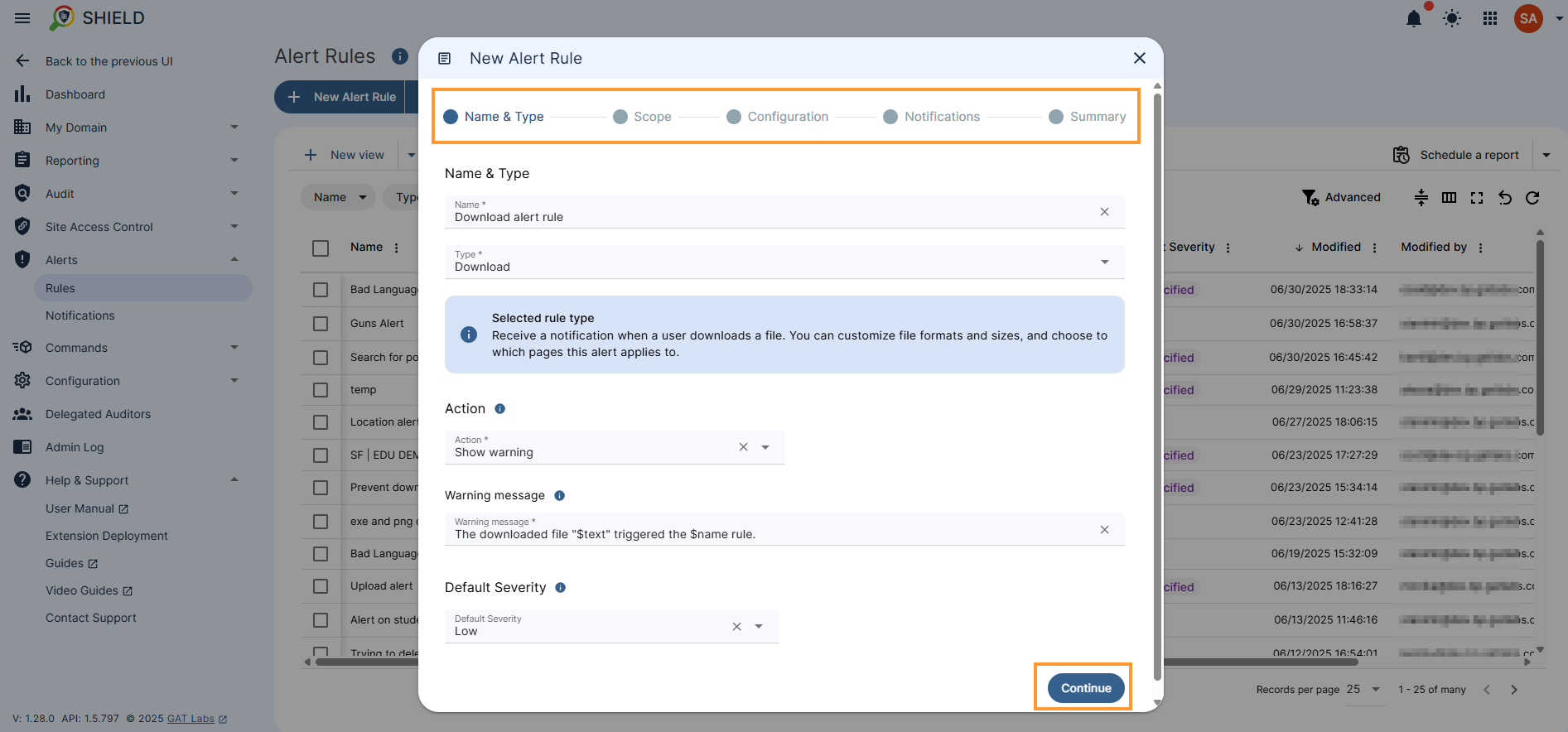 Alert rules set up settings name and type, scope of users, configuration and notification settings