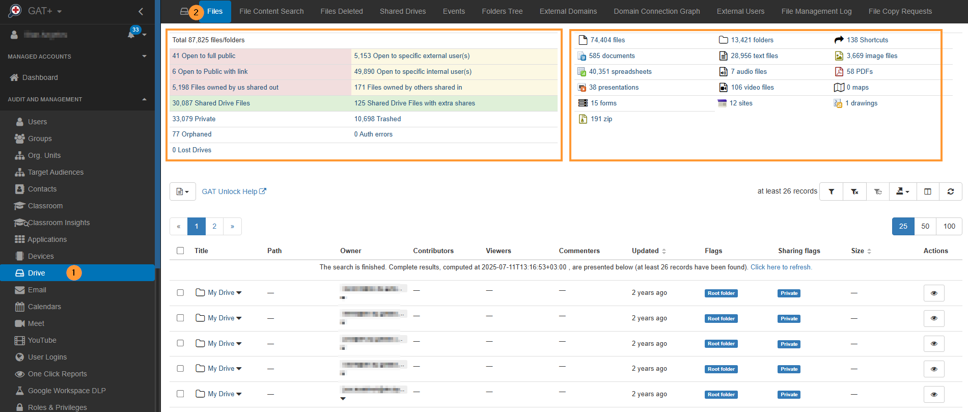 Drive > Files - show a table view for all the files of the domain devided by numbers of files with different sharing permisisons along with type of files within the domain