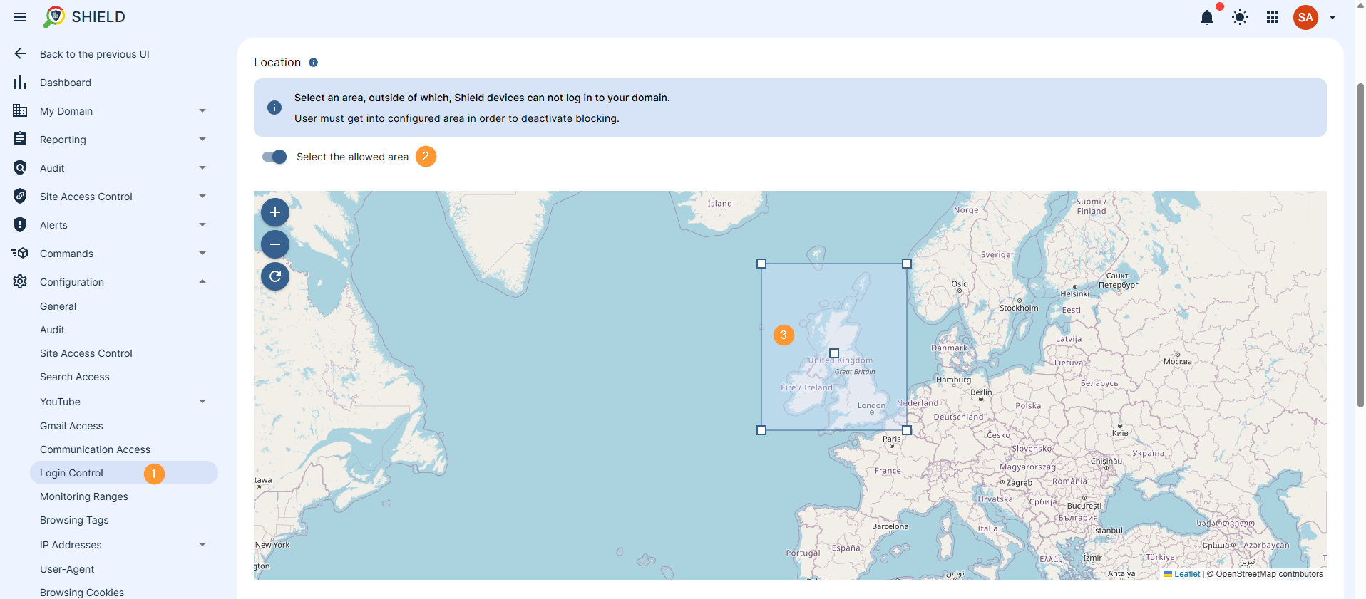 GAT Shield dashboard. Go to login control and select location on the map from outside of which users cannot login to google
