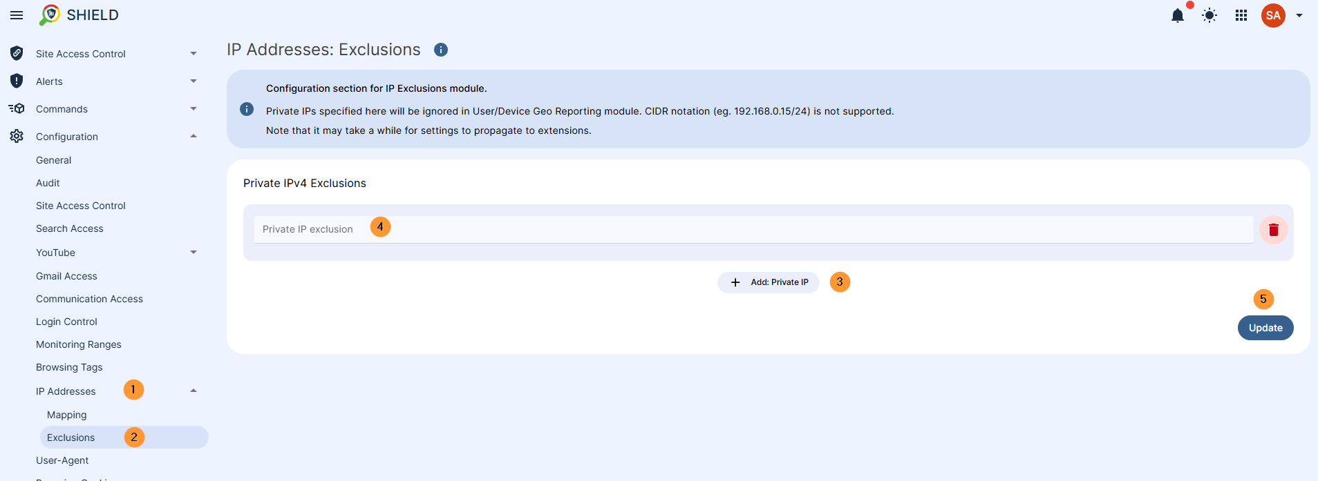 A screenshot showing the Private IPs exclusion configuration page. The image highlights the navigation path: Configuration > IP Addresses > Exclusions. A prominent "+ Add: Private IP" button is visible, along with a field ready for an IP address to be entered. Below the input field, a blue "Update" button is highlighted, indicating where to finalize the exclusion.