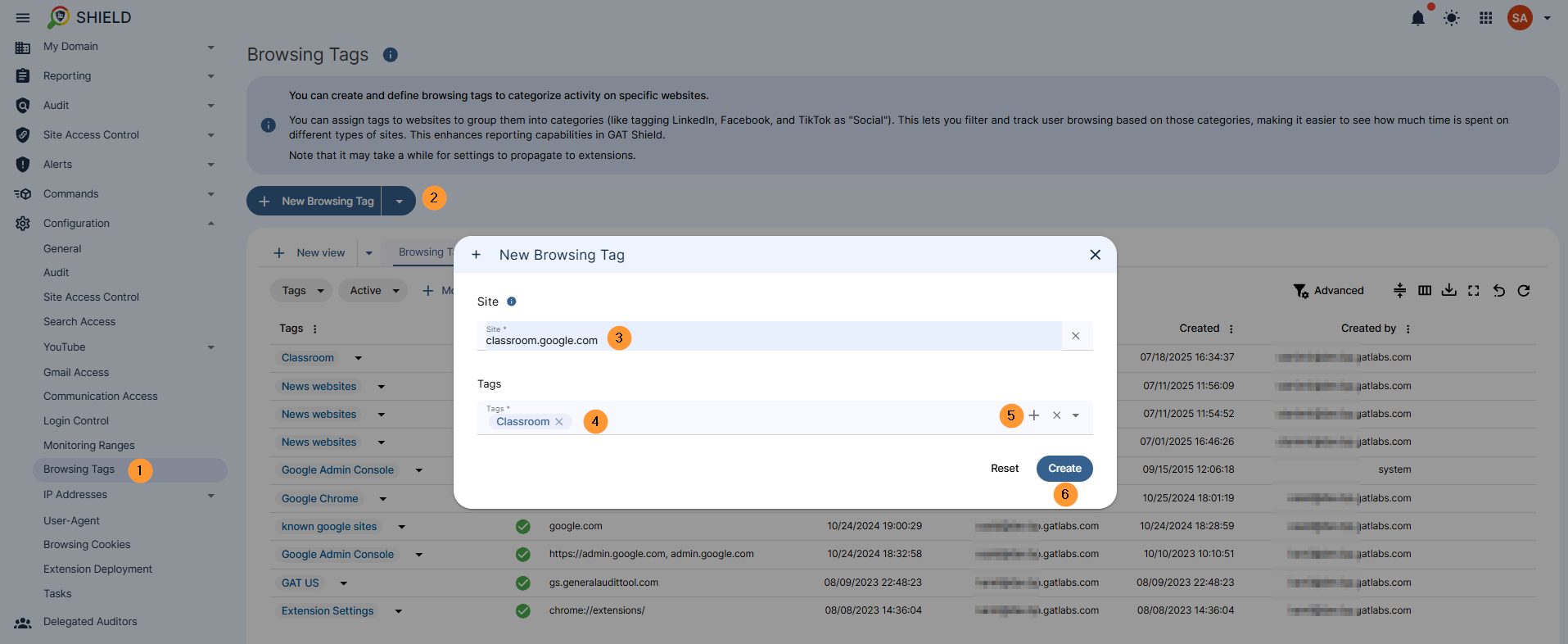 Adding new browisng tag - click on the left side menu on browising tags then + button new browsing tag a pop up window will be displayed then enter site - enter the site url and below the tags - enter the tag then the + button on the right side on the same field then the create button 