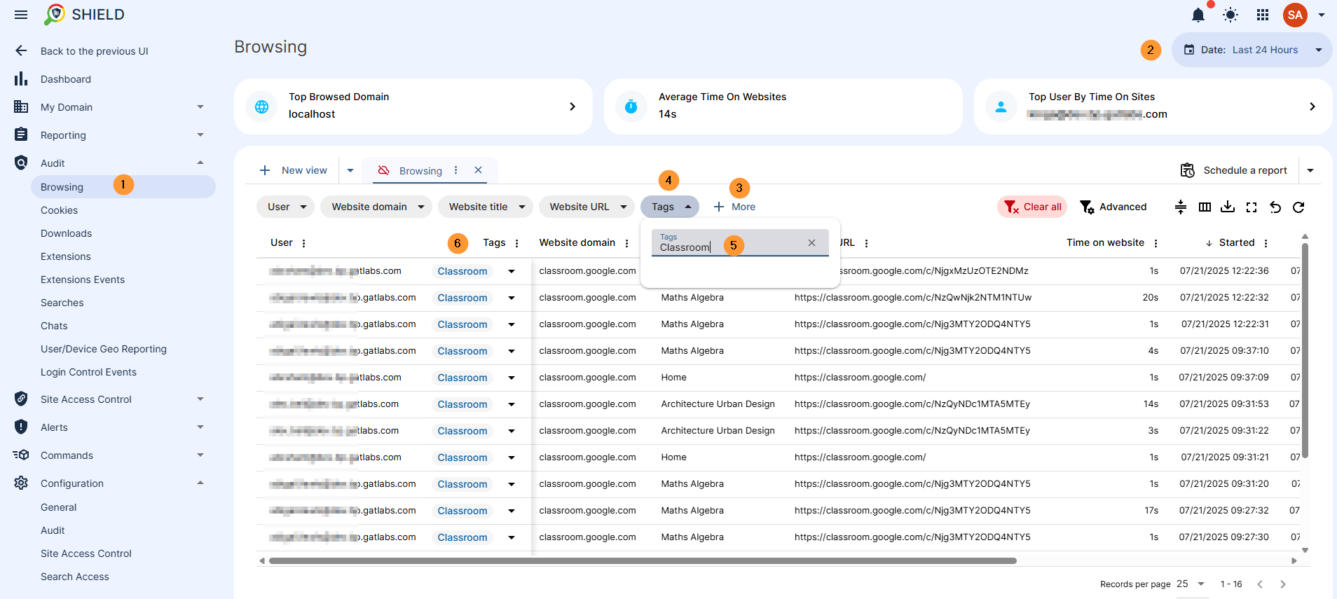 Image showing a detailed activity log for classroom.google.com, filtered by the 'Classroom' tag. The interface allows selection of a specific time frame (e.g., Today, Last 7 days). Visible data points include the duration users spent on the classroom sites, specific start and end times for each activity, and the complete website URLs accessed
