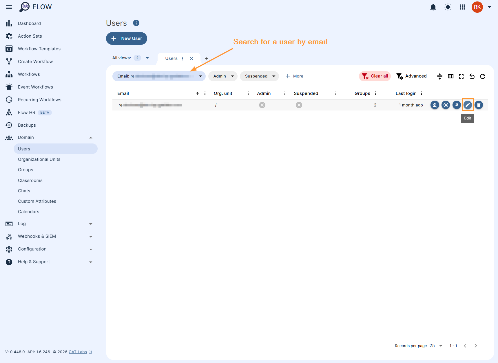 Filtering and editing a user in the user module in GAT Flow