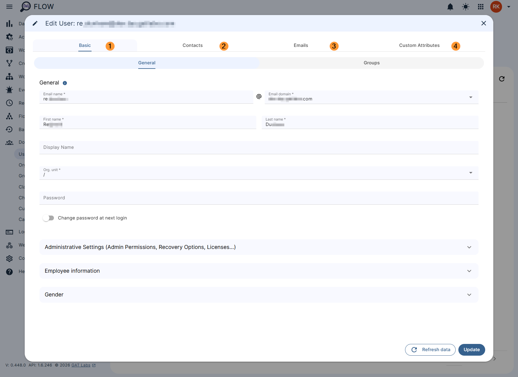 Editing a user's details in GAT Flow