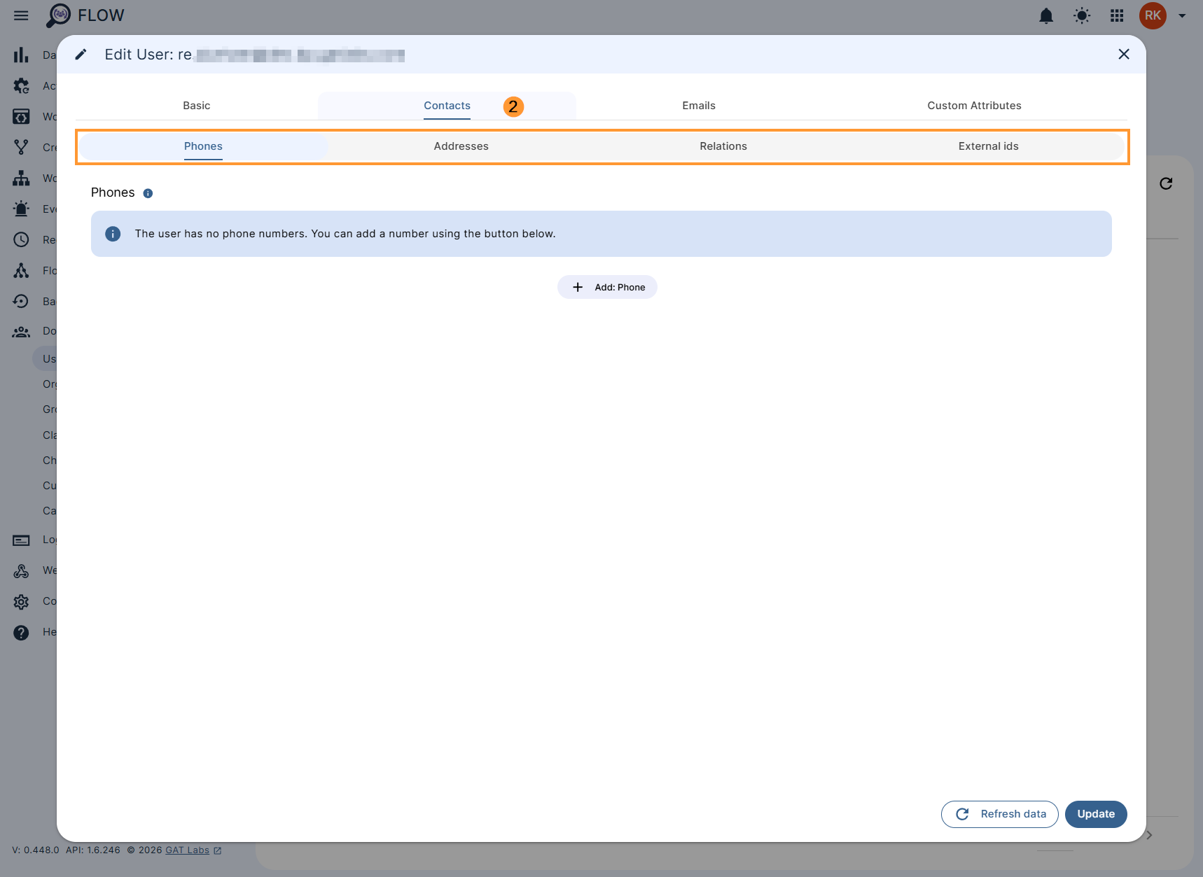 Contacts > Phones section of Edit User in GAT Flow