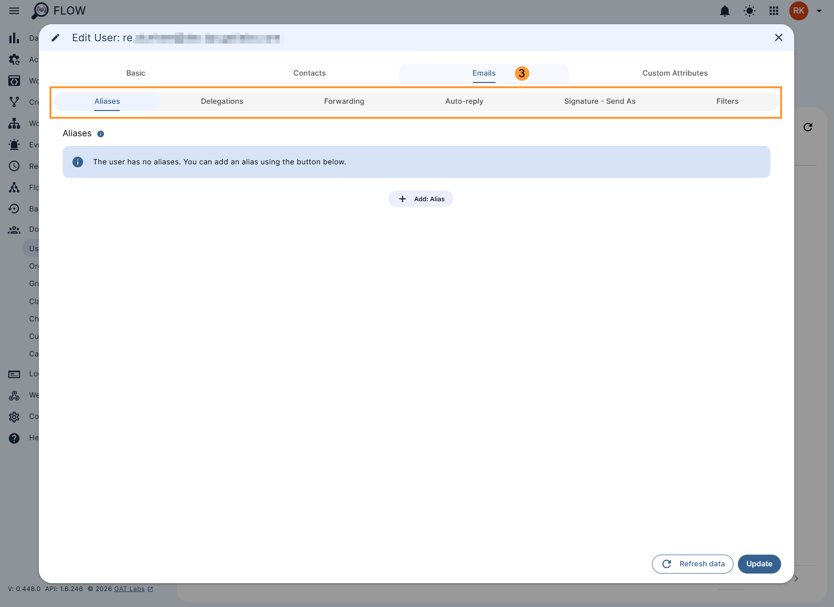 Emails > Aliases section of Edit User in GAT Flow