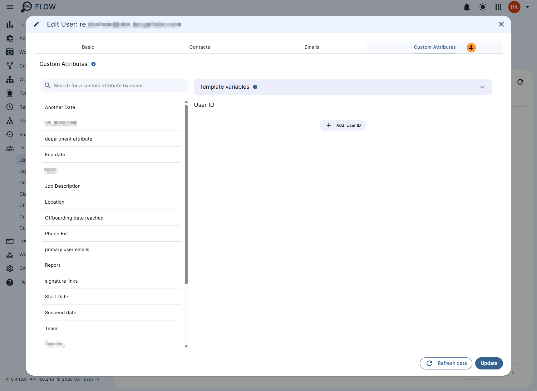 Custom Attributes section of Edit User in GAT Flow