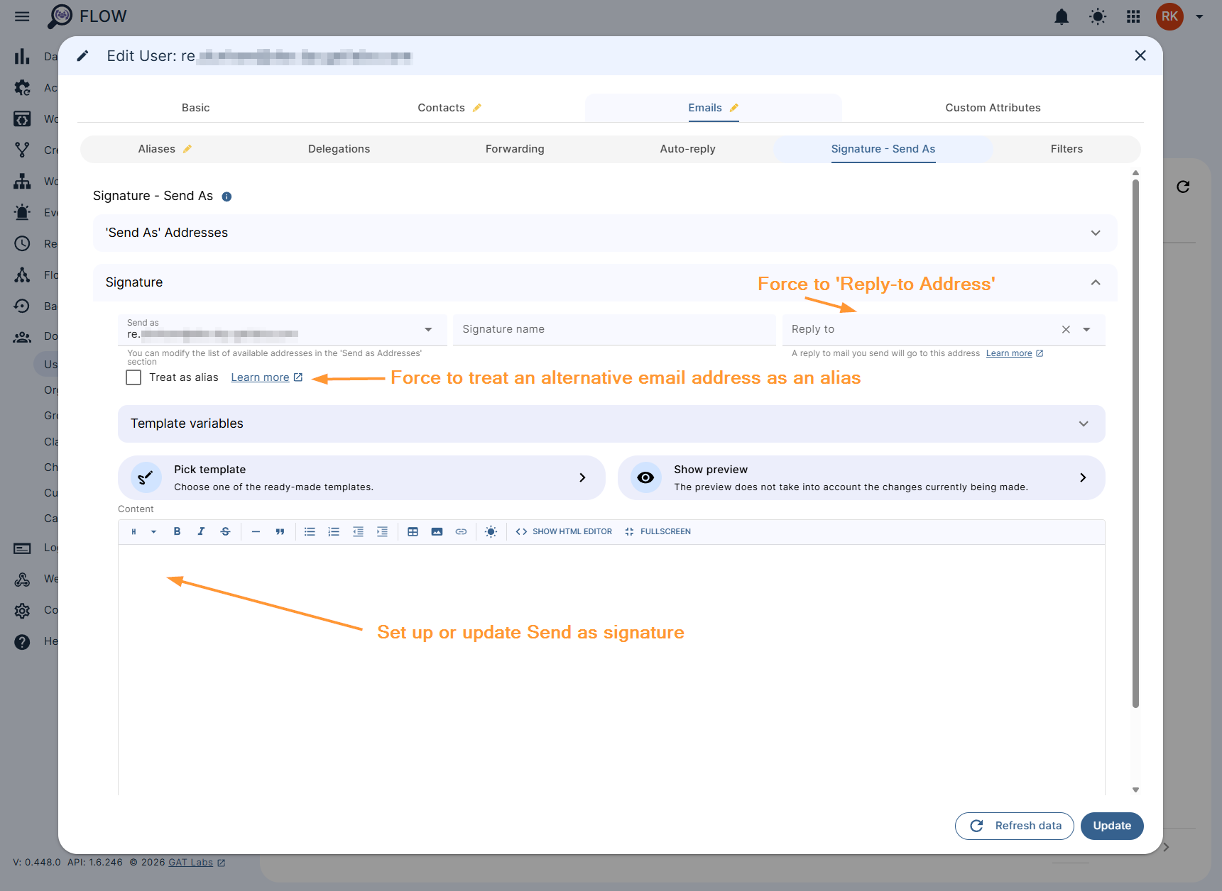 Emails > Signature - Send As section of Edit User in GAT Flow