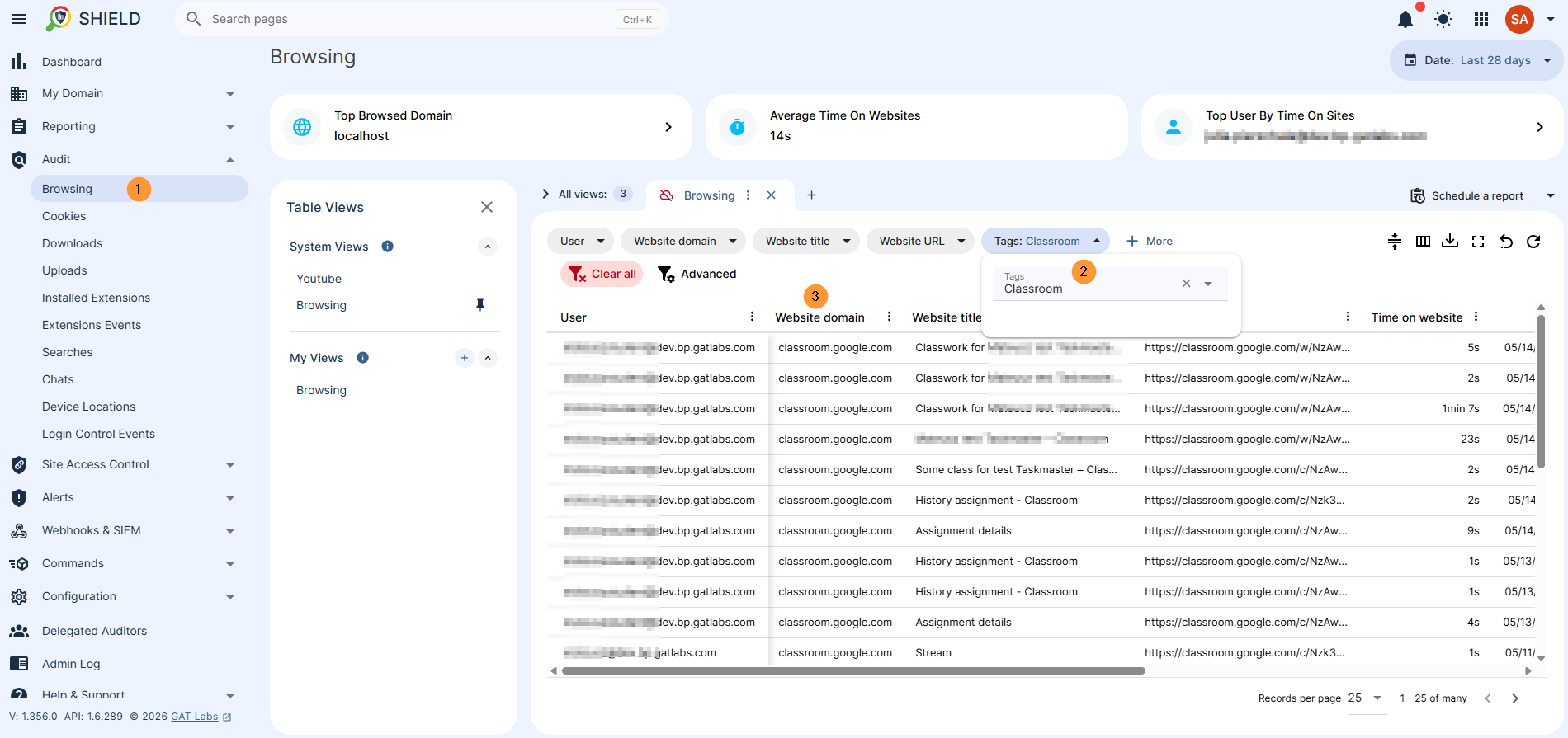 Navigate to Audit > Browsing You can filter and "pin" the Tags. Filter by the "tag" for Classroom and view all the activity for all users on the classroom.google.com webpage via the tag Classroom