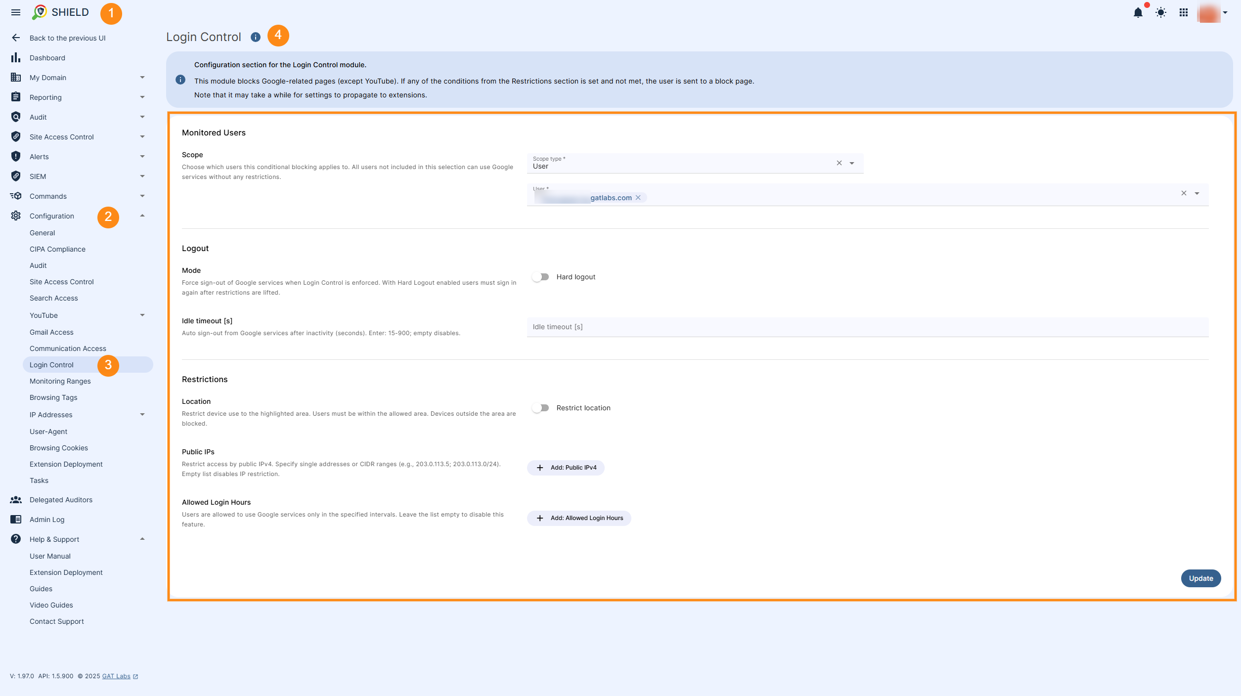 GAT Shield Login Control configuration panel.