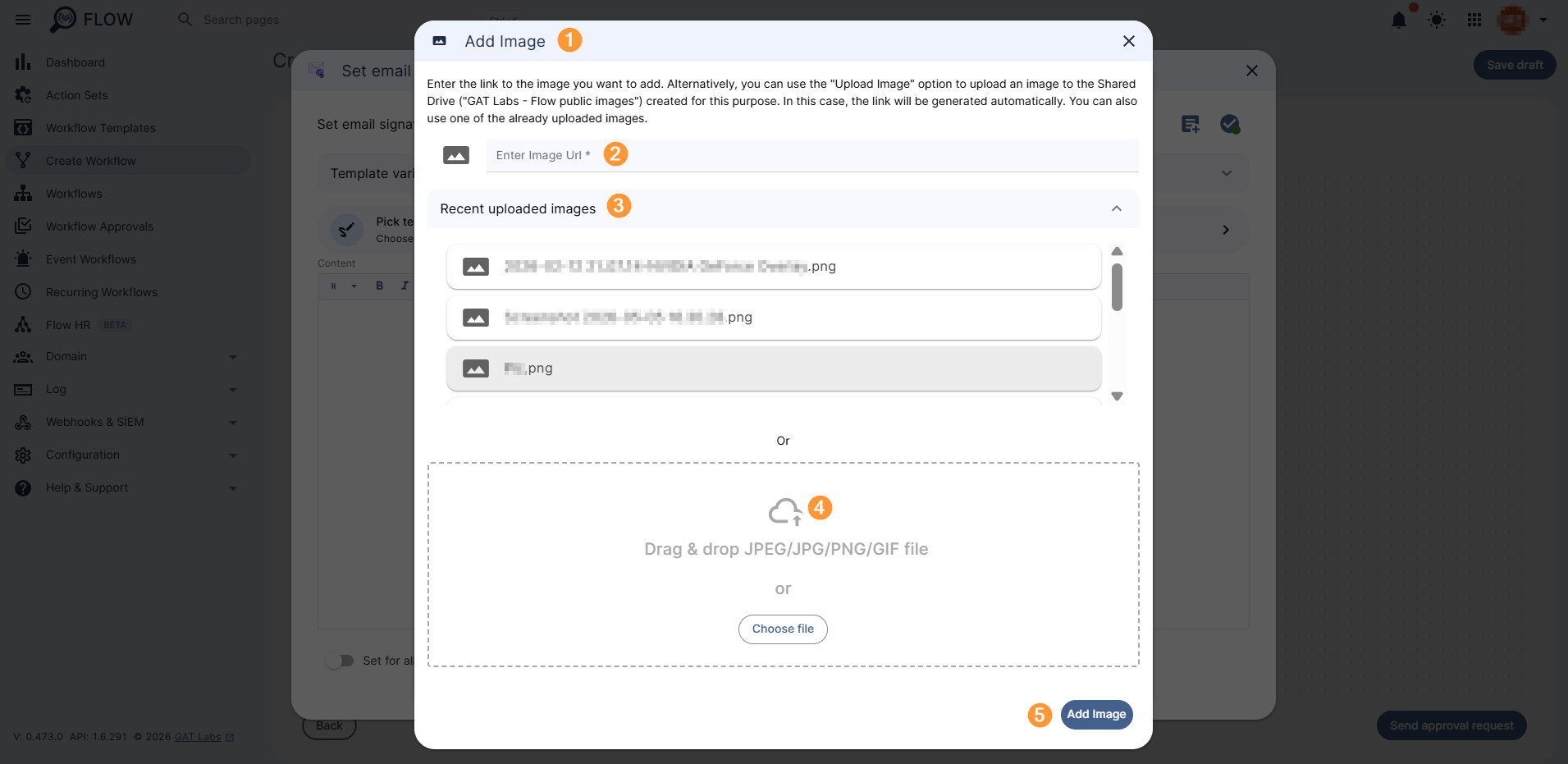 Provide company logo option allows to Add Image (1) by Entering image URL (2), utilising Recent uploaded Images (3) (latest 20 are listed), or Drag & Drop or Choose file from local device (4). Add Image (5) once all is configured.