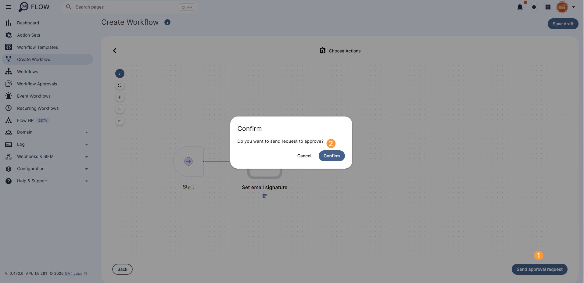 Send approval request button and confirmation message is displayed.