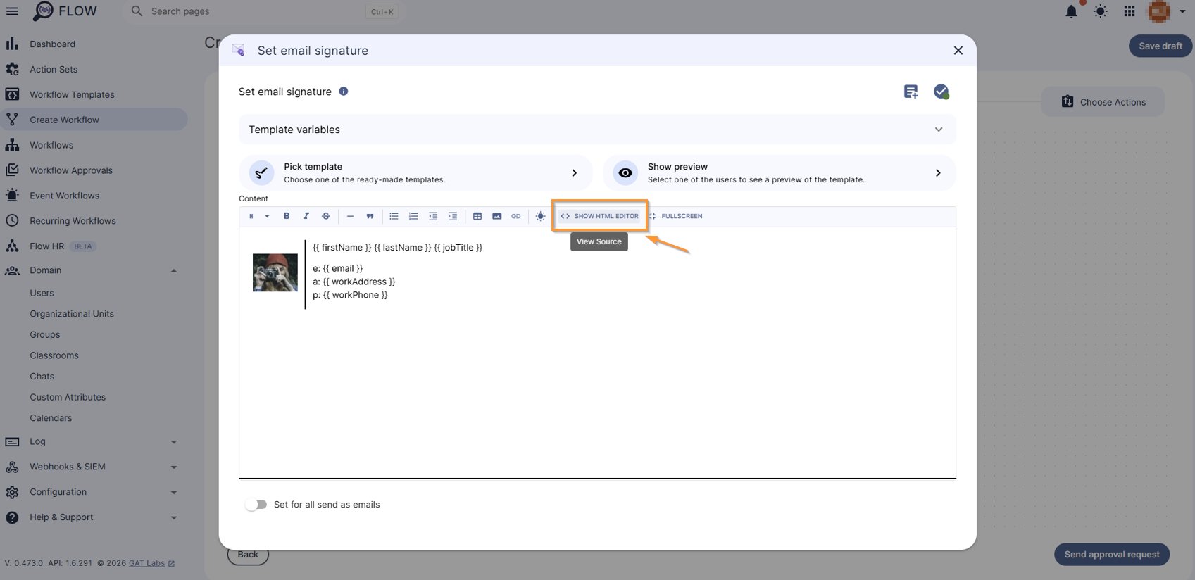 Image showing switch to HTML editor - turn on and enter an HTML code.