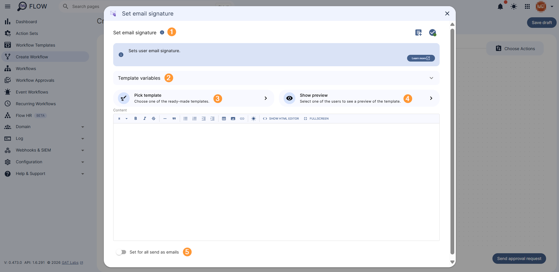 Set email signature (1) configuration window is displayed where you can use Template variables (2), Pick template (3) and Show preview (4).