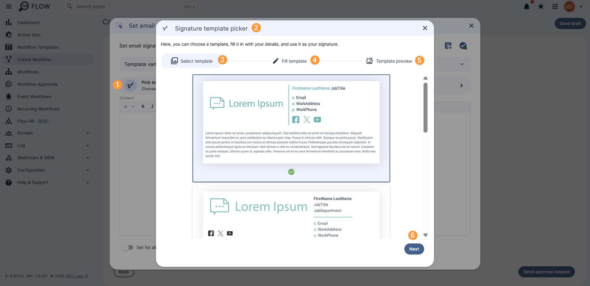 Signature templates are displayed