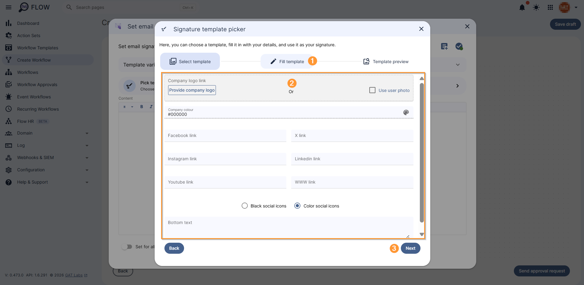 Section to fill in signature template details is displayed where the company logo or user profile photo can be linked to the signature, various social media links and YouTube channel can be added, and Button text can be added to the signature.