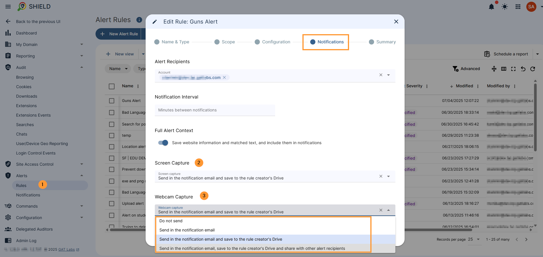 In the notification section, at the bottom of the window will be "screen captrure" and "webcam capture" buttons - each of them will have options to select - do not send, send in the notification email, send in the notification enail and save to the rule creators drive, and send in the notification email. save to the rule creator's drive and share with other alert recipients 