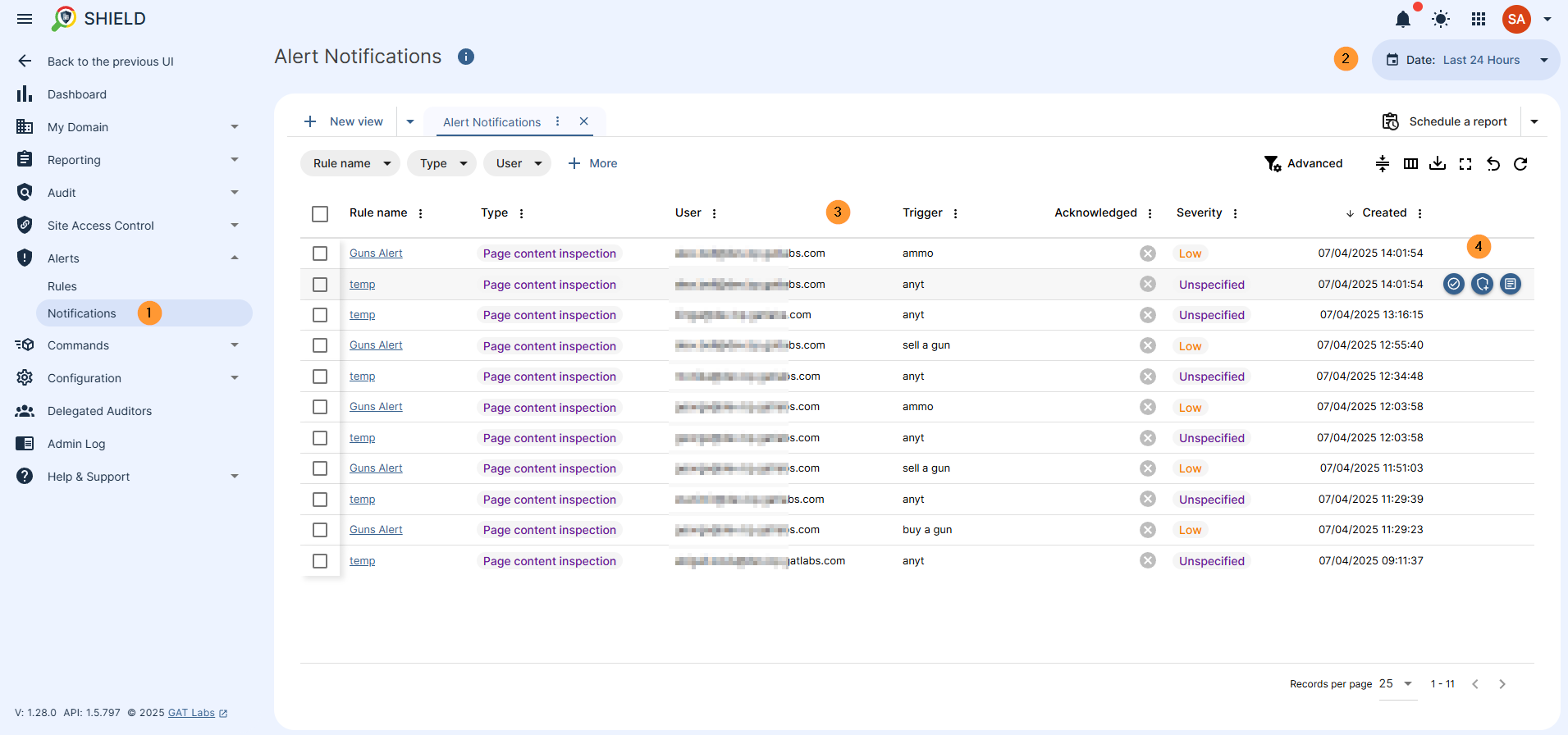 In the Alerts tab > Notifications view all the alerts that have been triggered by what user when and all the details in the selected time frame (on top right corner) you can select different time scope - hoovering over any of the notificaitons will show 3 buttons on the right side where severity can be updated as well well as achnowledged and details viewed