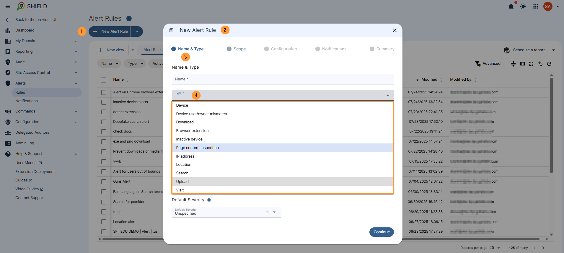 The screenshot depicts the 'Alerts' section in GAT Shield, specifically the 'Rules' sub-section and shows an arrow pointing to a dropdown menu arrow. The dropdown menu reveals the creation of the Alert rule - under the field Type - you can click and view a drop down list for all the Alerts that can be set up such as Device Device user/owner mismatch Download Browser extension Inactive device Page content inspection IP address Location Search Upload Visit