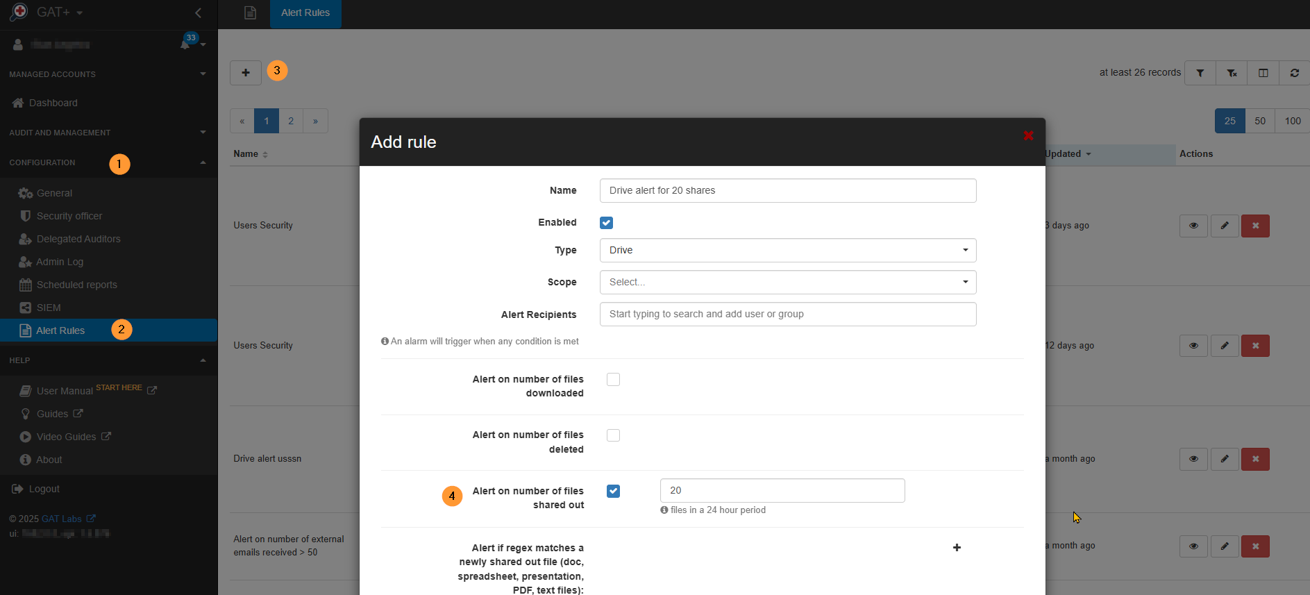 Here's the provided text rewritten as alternative text for an image, optimized for AI readability: A step-by-step guide to setting up a Google Workspace alert rule for external drive sharing. The guide instructs to: 1. Name the rule and enable it. 2. Set the type to "Drive." 3. Define the scope by selecting a user, group, or organizational unit (OU), with an option to include the entire OU tree. 4. Specify a recipient for the alert, such as a user or group email. 5. Check the box to "Alert on a number of files shared out" and input a numeric value (e.g., 1). This value triggers the alert when the number of externally shared Google documents exceeds the specified number within a 24-hour period. 6. Click "Save" to activate the rule. The completed rule will appear under "Alert rules" in the configuration settings.