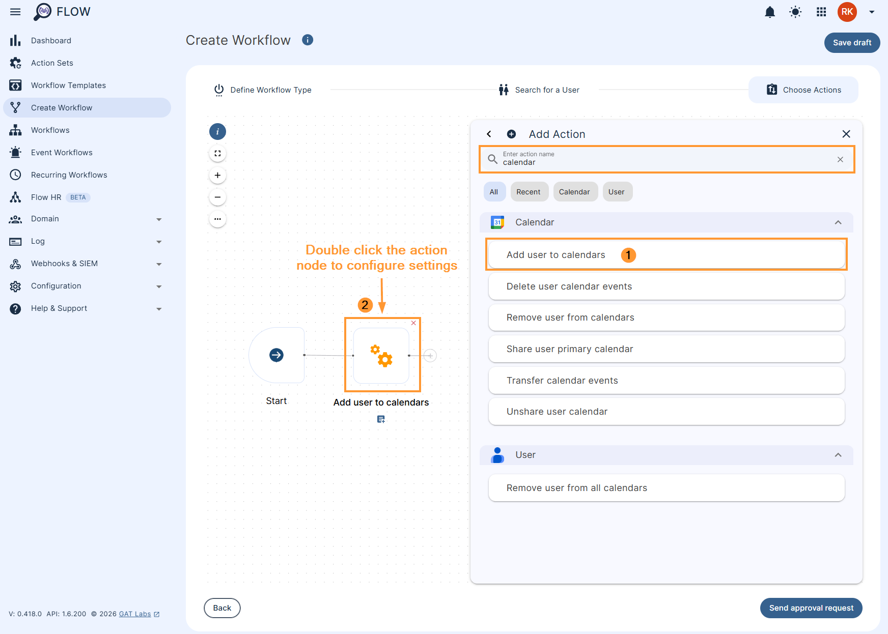 Adding the 'Add users to calendars' action in a GAT Flow workflow