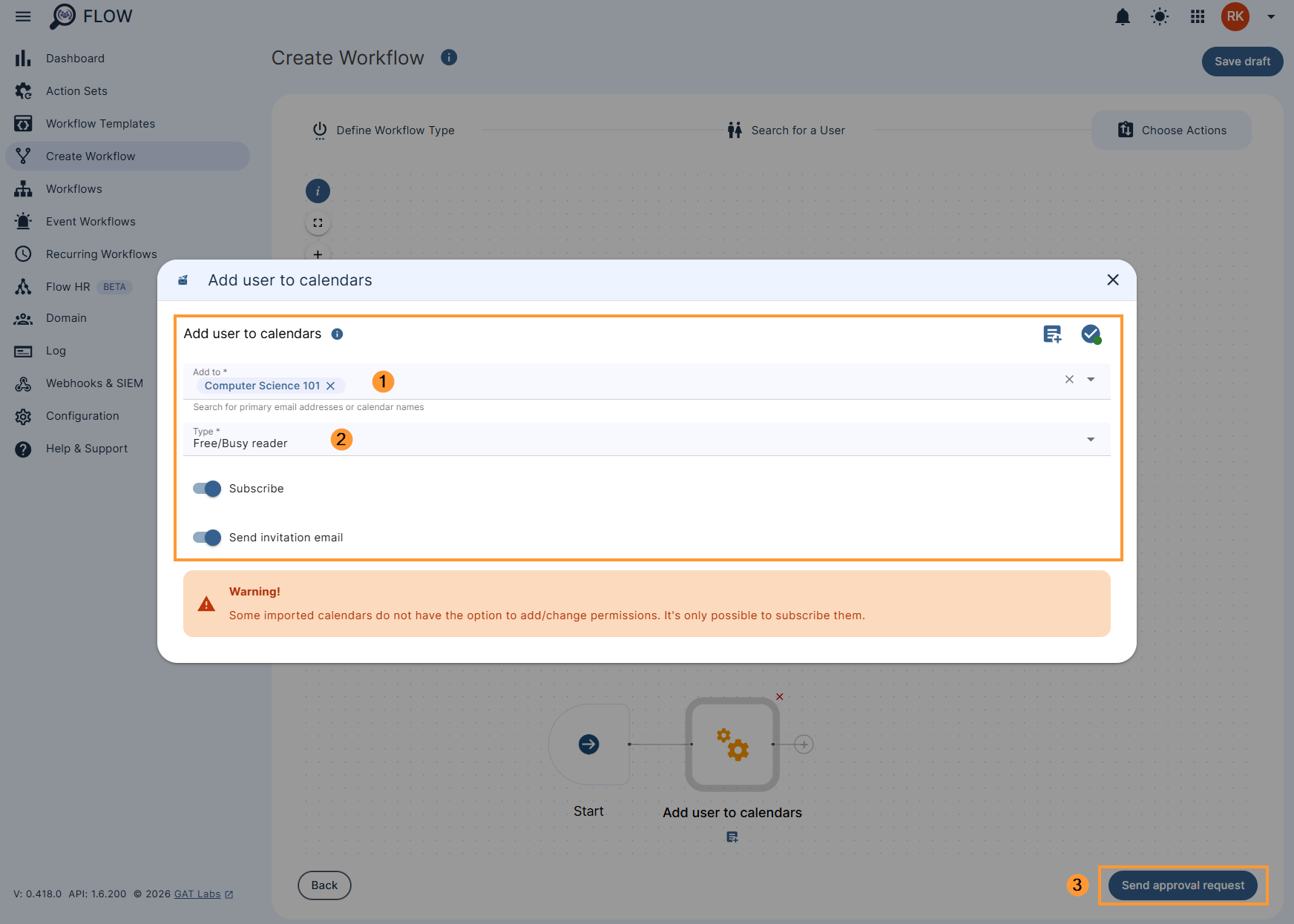 'Add user to calendars' GAT Flow action settings