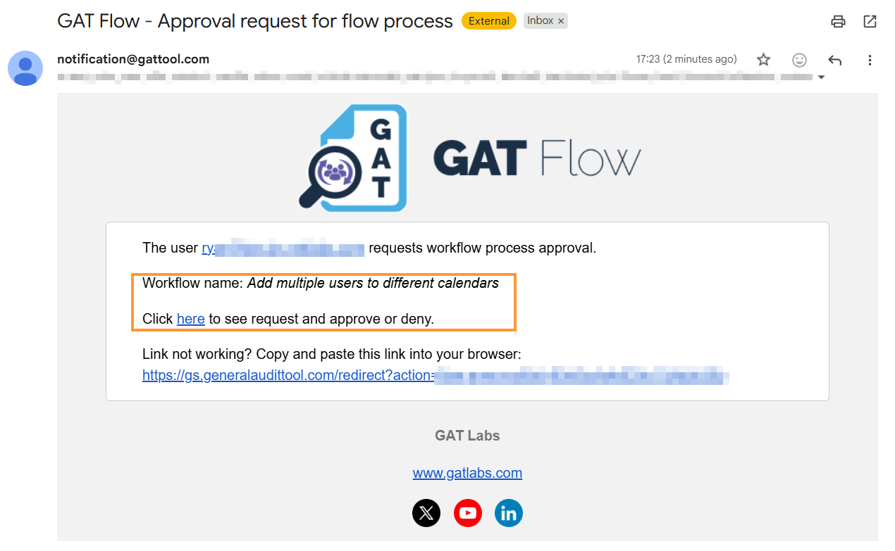Security officer approval email for GAT Flow workflow