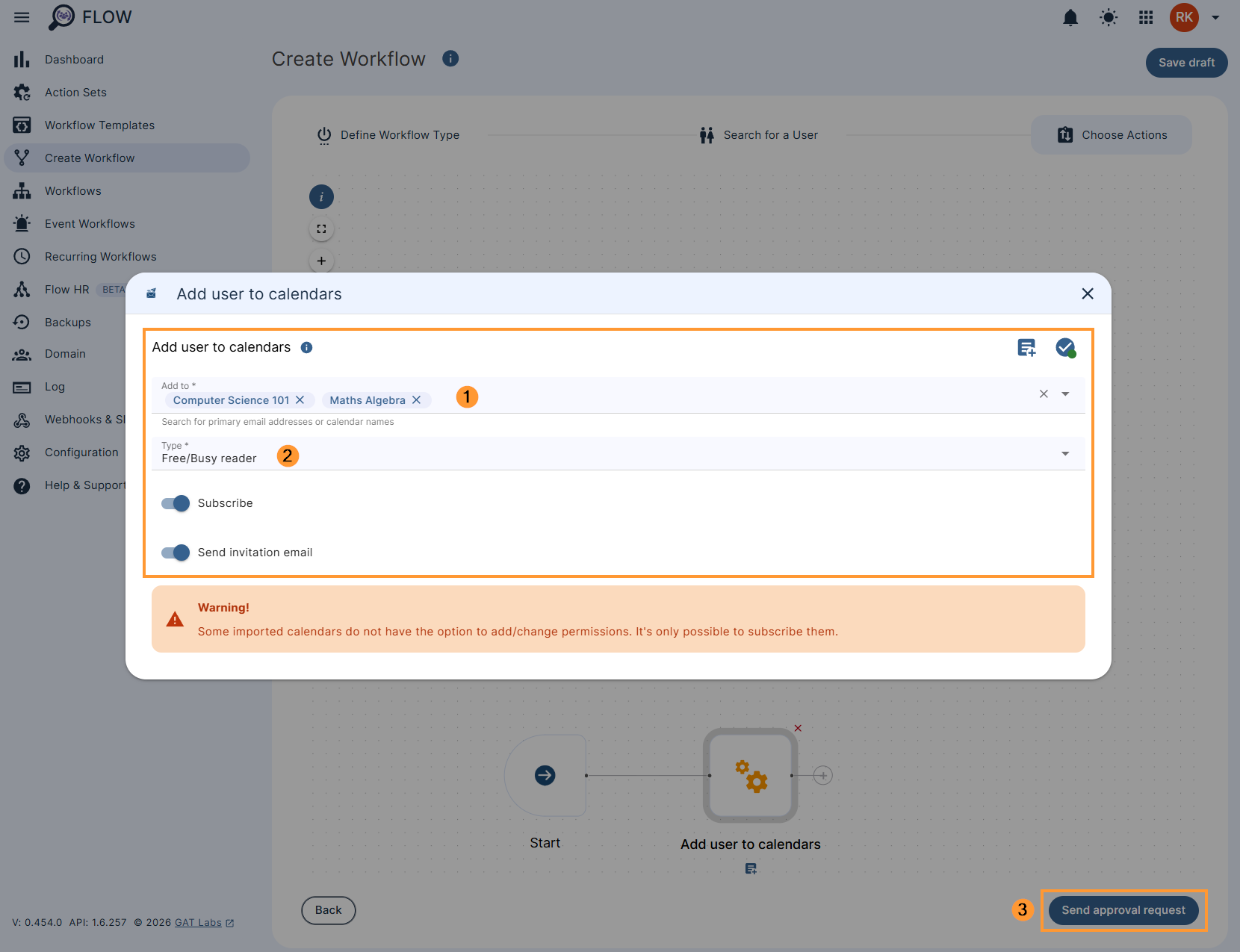 Configuring the 'Add users to calendars' action in a workflow