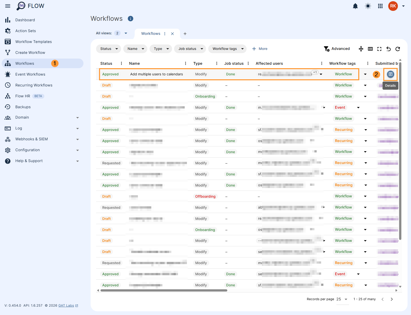 Workflow results table