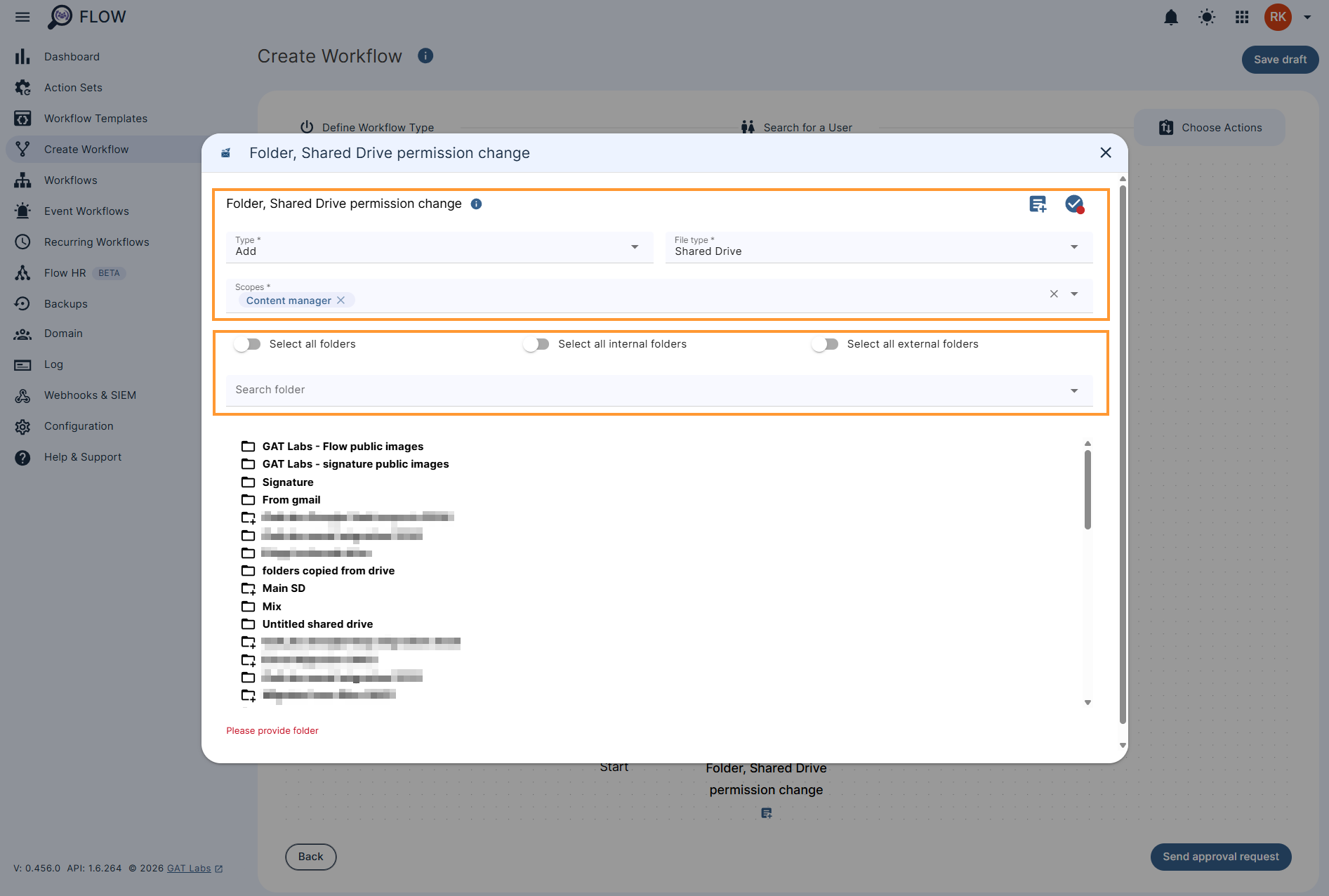 Configuring the settings for the 'Folder, Shared Drive permissions change' action in a workflow.
