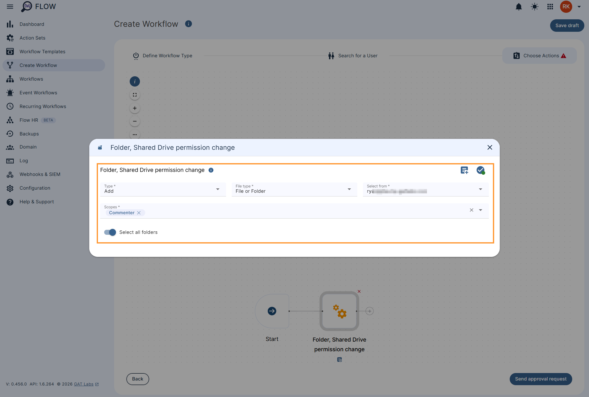 Configuring the settings for the 'Folder, Shared Drive permissions change' action in a workflow.