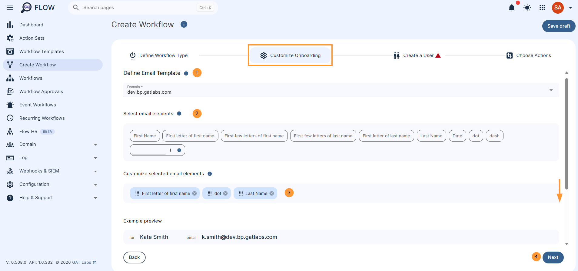In the Customize onboarding, fill in the details Domain - The provided template will be used to automatically generate email addresses in the next step Select email elements - Select an email template option to add it to the template below. Drag the selected email elements to change their order. Password settings - You can enable automatic password generation for new users here. Passwords can be sent to the specified email address