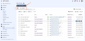 The screenshot depicts the 'Alerts' section in GAT Shield, specifically the 'Rules' sub-section and shows an arrow pointing to a dropdown menu arrow. The dropdown menu reveals the 'from template' option with an arrow suggesting that this option should be selected to 'Create a new alert rule from a template.