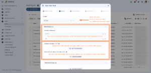 The screenshot shows the 2nd section of the rule creation wizard modal, the Scope section. This allows you to decide which accounts the rule should run on. There is an annotated arrow, pointing to the first field at the top of the modal. The field has 'All users' selected, and it's a dropdown menu that allows you to narrow the scope. There is some annotated text on the page. It says 'Select all users, an OU or group of users, or a select few individual users' The midsection of the 'Scope' section of the modal has a 'Rule Exclusions' heading. Under the heading it reads 'Excluded addresses' with fields for 'Account' and 'OU'. The annotated test reads 'You may exclude some accounts, within the selected scope, from triggering the rule'. The 'selected scope' is what was configured at the top of the modal. 