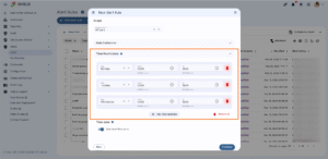 The image depicts the time restrictions part of the alert rule creation modal, this is still within the scope section. It is below the scope selection itself, and also below the Rule Exclusions section, which is minimised. The time restriction is set for Monday 09:00 to 18:00, below that is Tuesday 09:00 to 18:00 and below that is Wednesday 09:00 to 18:00, and below that in the centre is a the '+ Add: Time Restriction' button, to allow you to include more days and times. The whole 'Time restrictions' section is highlighted with an orange border around it, indicating it is the main focus of the picture. Each time restriction has a red trash can icon button beside it, indicated that each time restriction can be deleted individually. Down at the bottom of the time restrictions section and inline with the '+ Add: Time Restriction' button, to the right of it, there is another red trash can button with the red text reading 'Remove all', indicating that all the time restrictions can be removed at once. Below the time restrictions section and outside of the orange border, there is another section called Time zone' which has a single switch labelled 'Use local time zone'. At the very bottom, to the right hand side, is the blue oval shaped 'Continue' button to continue on to the next part of the wizard.
