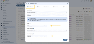 The screenshot depicts, the first modal in the wizard for setting up an alert rule with GAT Shield. It has one arrow pointing to the Action dropdown menu, indicating that the admin must choose an action. It ha second arrow pointing to the default severity option, indicating that the user must choose the severity. There is a 'Next' button at the bottom left corner of the modal to move onto the next section of the alert rule creation modal. There is an 'x' button in the top right corner if the user wants to exit the alert rule configuration wizard. 