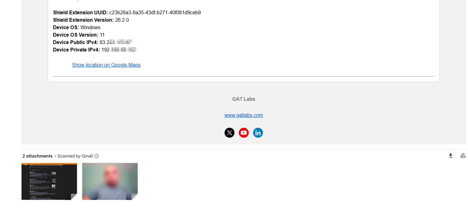 email alert recieved by recipient that contains screenshot and webcam capture and other details from the alert