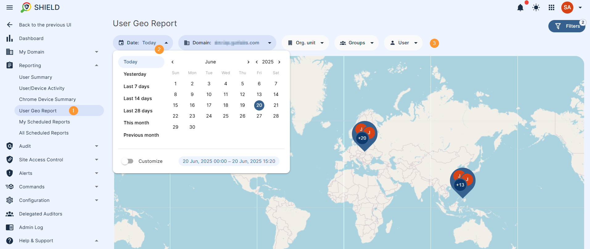 Geo location for the accounts. The location is shown based on the scope of users selected and based on the date selected, you can select user, org unit of users or group of users and using the differnent methods show the location of th users on a map