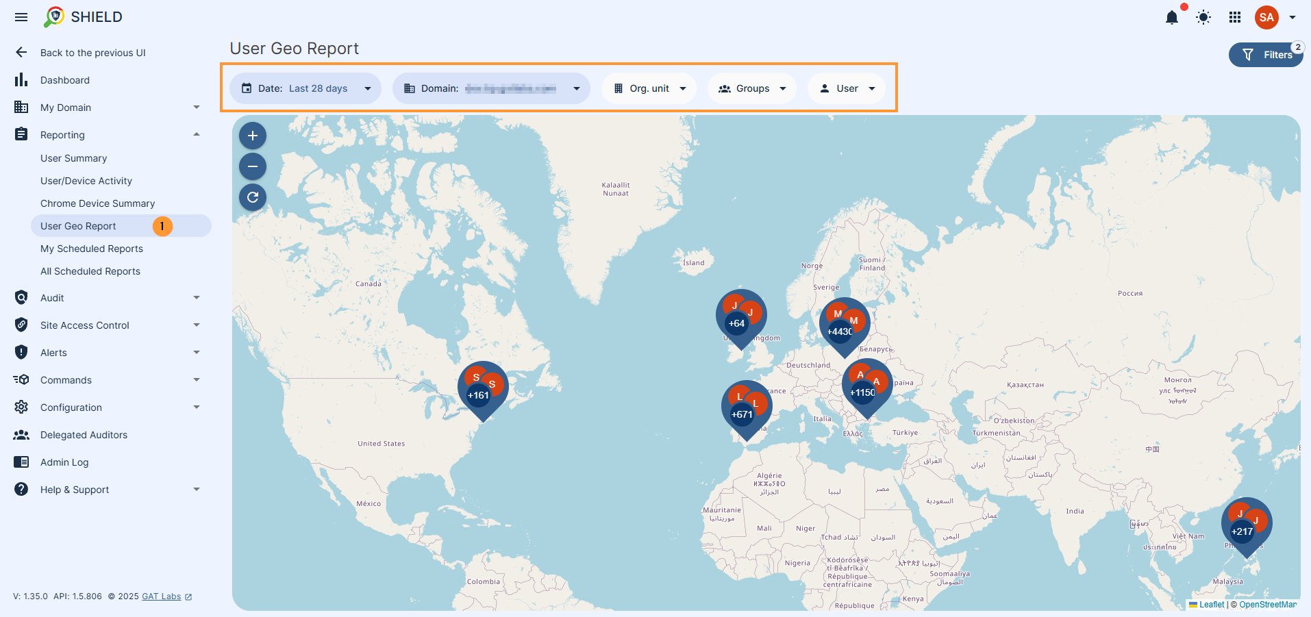 The user geo report shows location on the users shown on a global map - on the top of the screen the admin can select time frame to see the data for as well as scope of users - all users, group of users, org. unit of users or one user only 