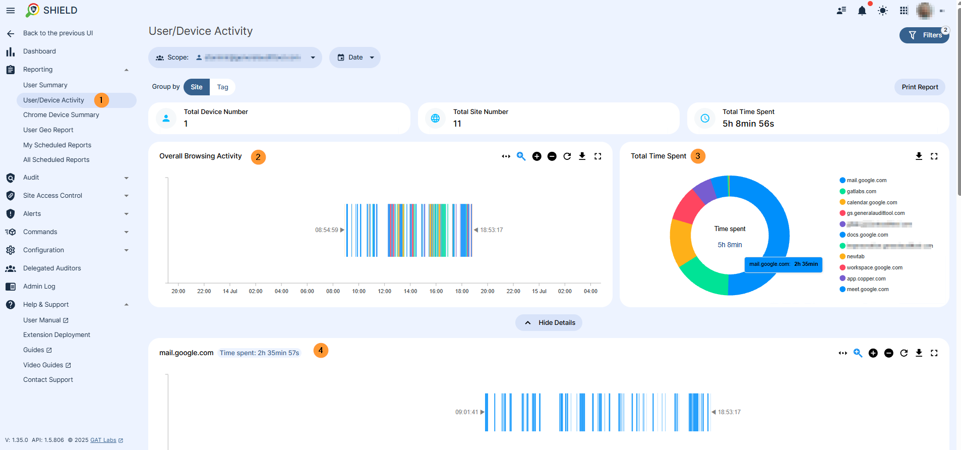 An image displaying a user activity dashboard. The dashboard is filtered by User or Device Serial number and a specific date, showing overall Browse activity on a time-based graph. Below the graph, the total time spent is displayed, along with a list of visited URLs and the time spent on each. A detailed table or graph further breaks down the time spent per URL.