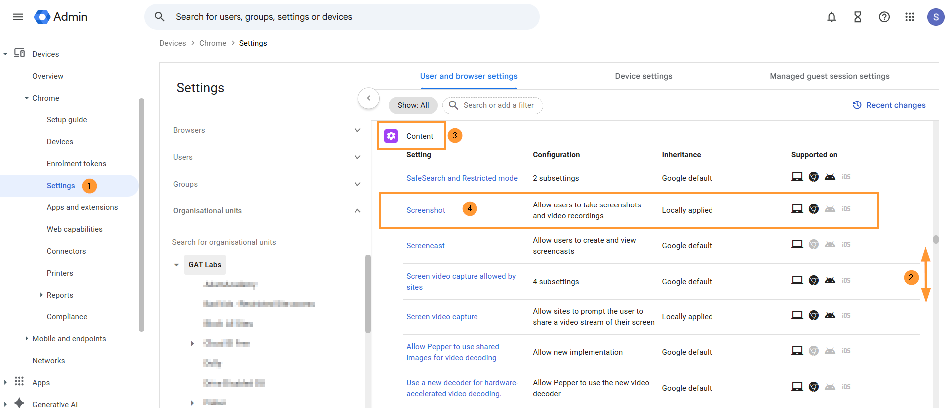 Scroll down further to the Content tab

Screenshot - set it to Allow users to take screenshots and video recordings