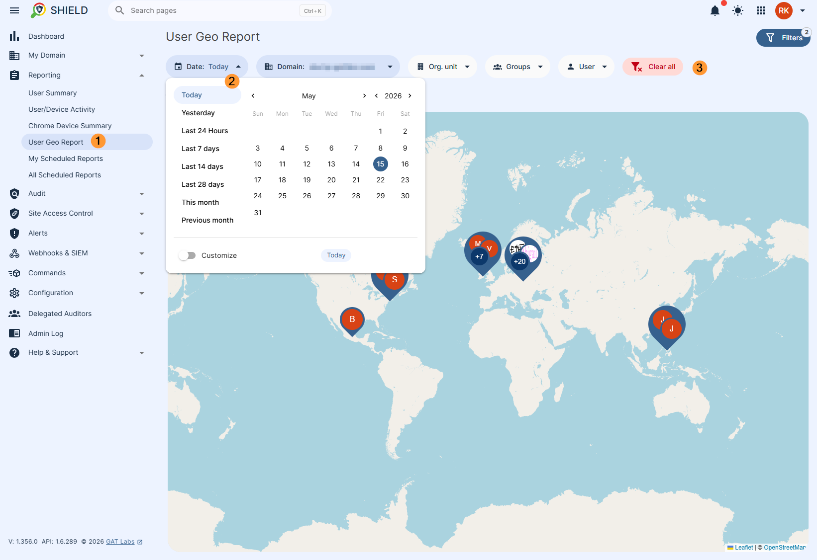 Geo location for the accounts. The location is shown based on the scope of users selected and based on the date selected, you can select user, org unit of users or group of users and using the differnent methods show the location of th users on a map