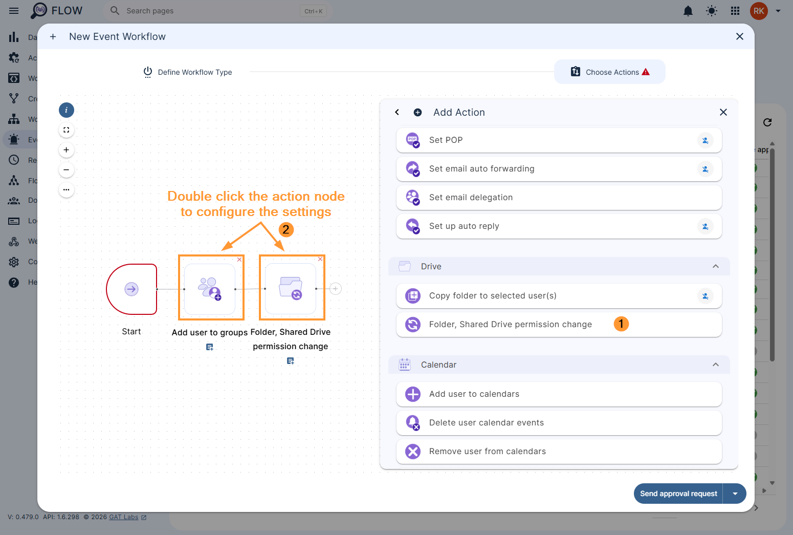 Adding actions and editing them in a GAT Flow event workflow