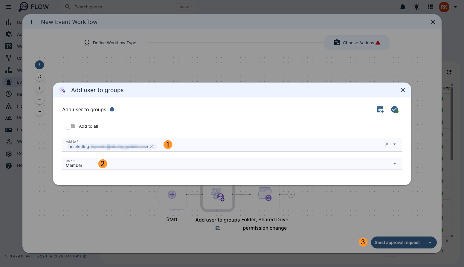 Configuring the 'Add user to groups' action in a GAT Flow event workflow