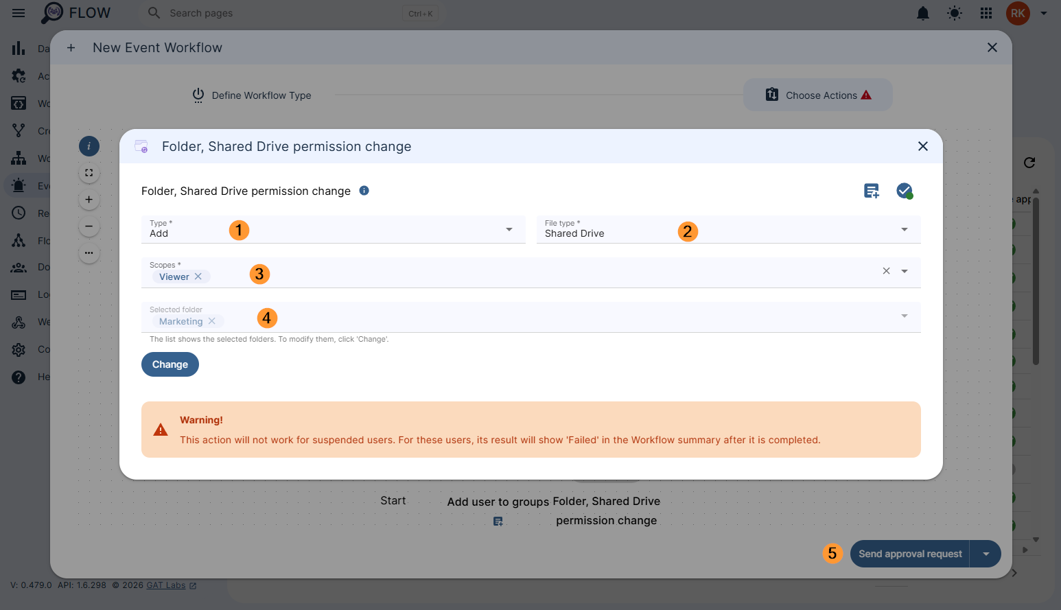 Configuring the 'Folder, Shared Drive permission change' in a GAT Flow event workflow
