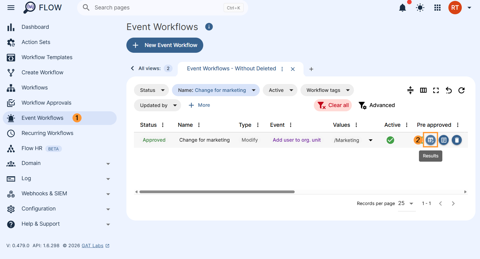 Event workflow results